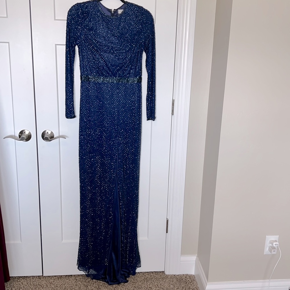 NWT Mac Duggal Beaded High Neck Long Sleeve Gown With Detailed Belt - 5056 - Picture 2 of 5